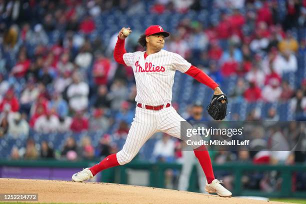 Taijuan Walker of the Philadelphia Phillies pitches in the top of the first inning against the Seattle Mariners at Citizens Bank Park on April 26,...