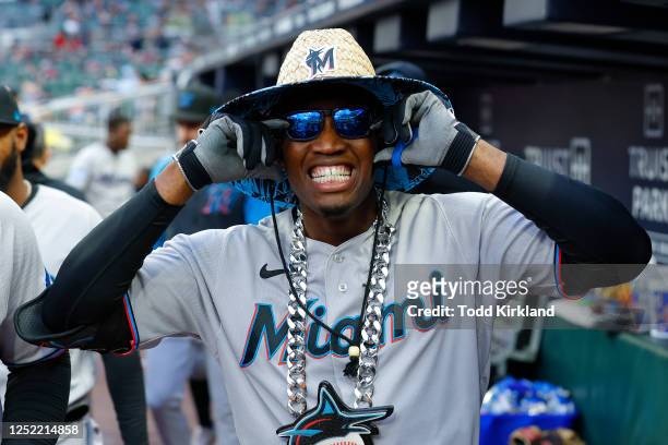 Jesus Sanchez of the Miami Marlins reacts after hitting a solo home run during the second inning against the Atlanta Braves at Truist Park on April...