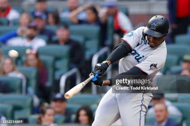 Jesus Sanchez of the Miami Marlins hits a solo home run during the second inning against the Atlanta Braves at Truist Park on April 26, 2023 in...