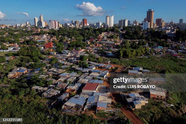 Aerial view of the Ricardo Brugada neighbourhood, known as La Chacarita, one of the oldest and poorest areas of the city, in Asuncion, taken on April...