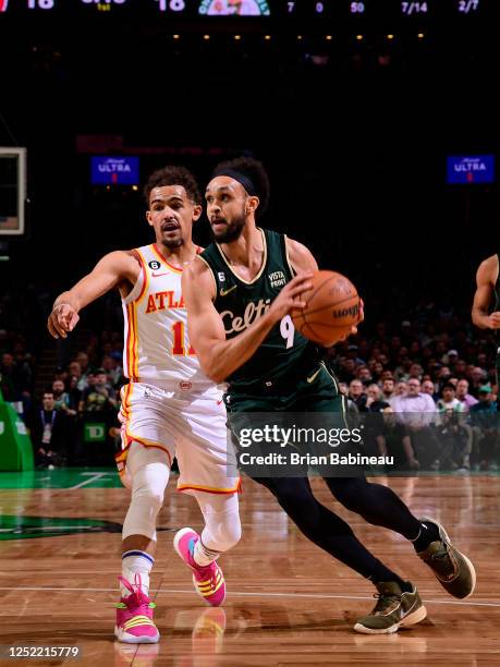 Derrick White of the Boston Celtics drives to the basket against the Atlanta Hawks during Round One Game Five of the 2023 NBA Playoffs on APRIL 25,...