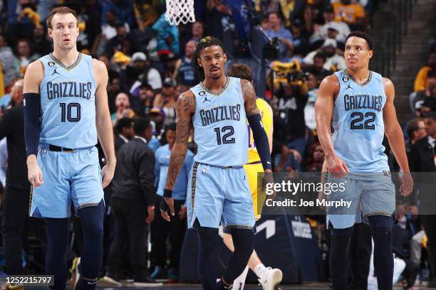 Members of the Memphis Grizzlies look on during Round 1 Game 5 of the 2023 NBA Playoffs against the Los Angeles Lakers on April 26, 2023 at...