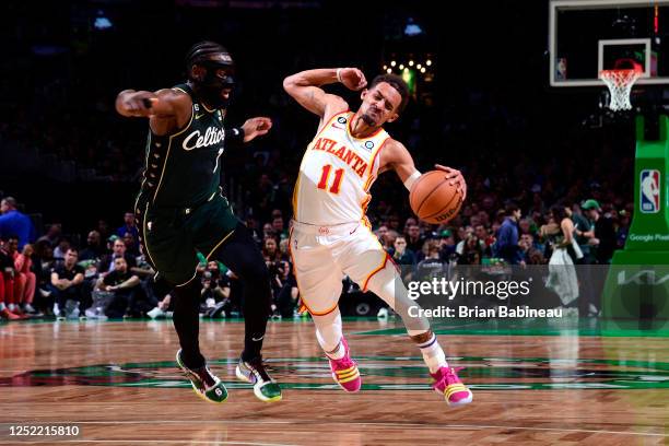 Trae Young of the Atlanta Hawks dribbles the ball against the Boston Celtics during Round One Game Five of the 2023 NBA Playoffs on APRIL 25, 2023 at...