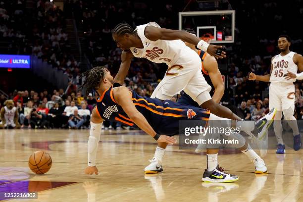 Jalen Brunson of the New York Knicks is called for a foul while defending against Caris LeVert of the Cleveland Cavaliers during the fourth quarter...