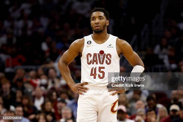 Donovan Mitchell of the Cleveland Cavaliers stands on the court during the fourth quarter of Game Five of the Eastern Conference First Round Playoffs...