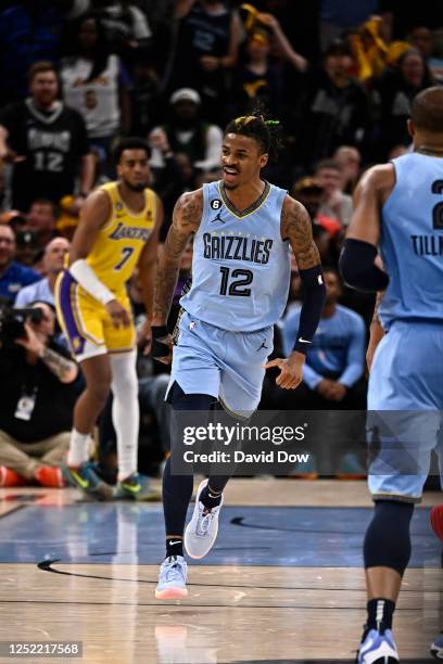 Ja Morant of the Memphis Grizzlies celebrates during Round One Game Five of the 2023 NBA Playoffs against the Los Angeles Lakers on April 26, 2023 at...