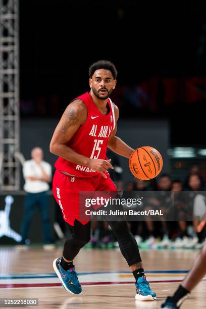 Corey Webster of the Al Ahly dribbles the ball during the game against the CFV - Beira on April 26, 2023 at the Dr Hassan Moustafa Sports Hall. NOTE...