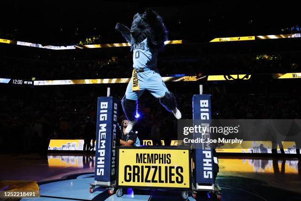 Grizz of the Memphis Grizzlies hypes up the crowd before Round 1 Game 5 of the 2023 NBA Playoffs against the Los Angeles Lakers on April 26, 2023 at...
