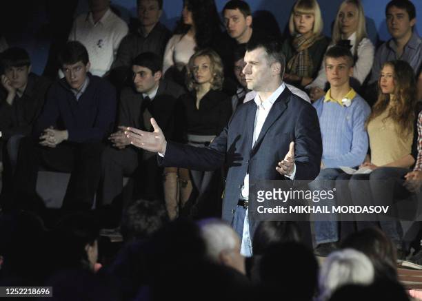 One of the presidential candidates, Russian metals tycoon and US basketball team owner Mikhail Prokhorov , speaks during a campaign rally in the...