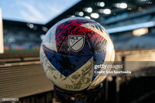 A soccer ball with the MLS logo on it sits on a stand before the third round of the Lamar U.S. Open Cup between the Columbus Crew and the Indy Eleven...