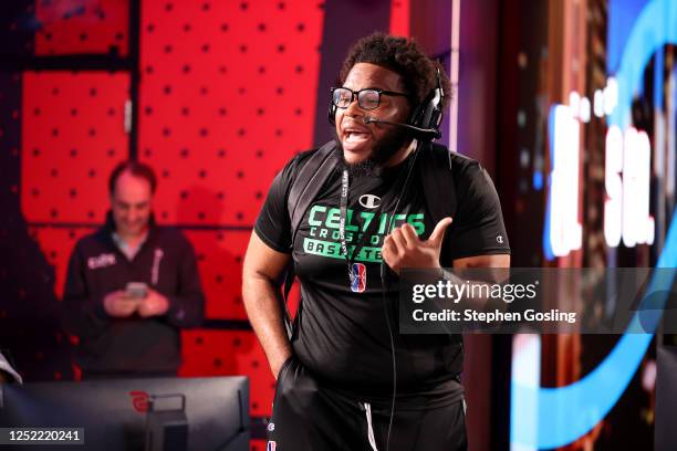 Colt of Celtics Crossover Gaming celebrates during the 2023 NBA 2K League Switch Open 3v3 Tournament on April 26, 2023 at District E Gaming in...