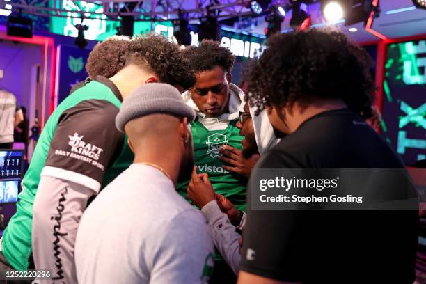 Celtics Crossover Gaming huddle up during the 2023 NBA 2K League Switch Open 3v3 Tournament on April 26, 2023 at District E Gaming in Washington, DC....