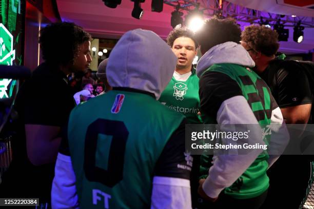 Celtics Crossover Gaming huddle up during the 2023 NBA 2K League Switch Open 3v3 Tournament on April 26, 2023 at District E Gaming in Washington, DC....