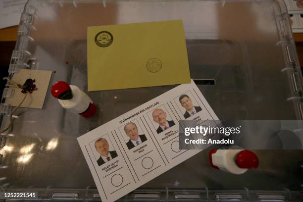 Close-up of voting materials including a ballot, stamps and an envelope as Turks living abroad begin to cast their votes in presidential and...