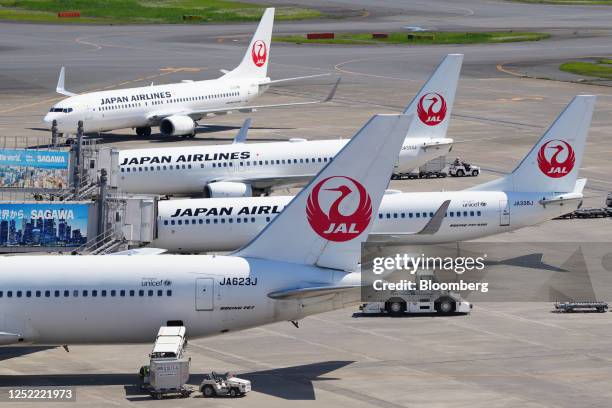 Passenger aircraft operated by Japan Airlines Co. At Haneda Airport in Tokyo, Japan, on Thursday, April 27, 2023. Japan's Golden Week holidays start...