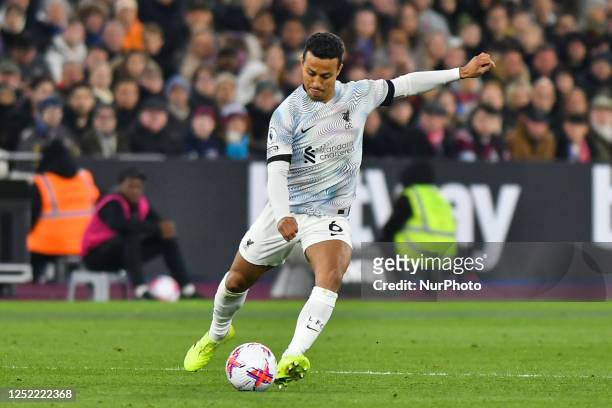 Thiago Alcantara of Liverpool in action during the Premier League match between West Ham United and Liverpool at the London Stadium, Stratford on...