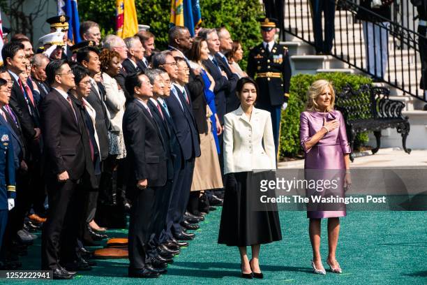 April 26, 2023: First Lady Dr. Jill Biden and Mrs. Kim Keon Hee, First Lady of the Republic of Korea during his arrival ceremony on the South Lawn of...