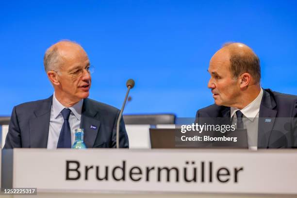 Kurt Bock, chairman of BASF SE, left, and Martin Brudermueller, chief executive officer of BASF SE, at the annual shareholders meeting in Mannheim,...