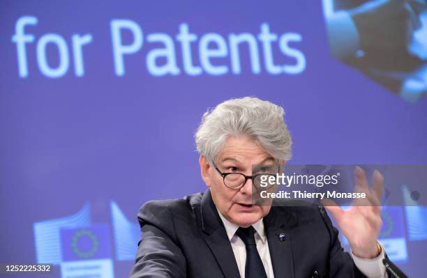 Commissioner for Internal Market Thierry Breton talks to the media in the Berlaymont, the EU Commission headquarters on April 27, 2023 in Brussels,...
