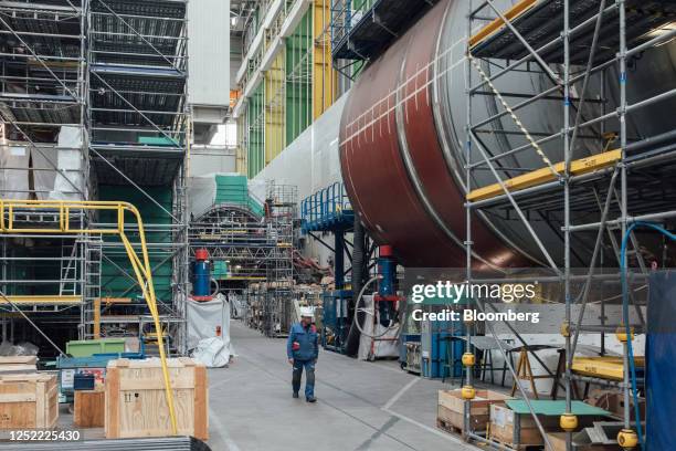 Structures to be used for Barracuda nuclear attack submarines inside the Legris workshop at the Naval Group SA shipyard in Cherbourg, France, on...