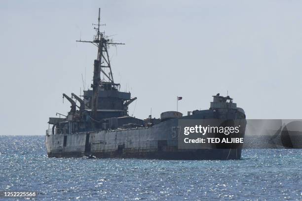 This photo taken on April 23, 2023 shows the grounded Philippine navy ship BRP Sierra Madre where marines are stationed to assert Manila's...