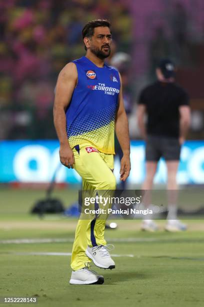 Dhoni of Chennai Super Kings warmup prior to the IPL match between Rajasthan Royals and Chennai Super Kings at Sawai Mansingh Stadium on April 27,...