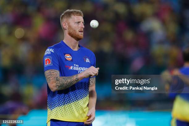 Ben Stokes of Chennai Super Kings looks on prior to the IPL match between Rajasthan Royals and Chennai Super Kings at Sawai Mansingh Stadium on April...