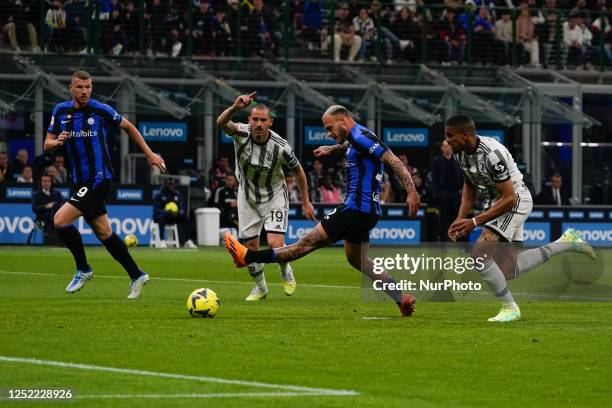 Federico Dimarco score goal during FC Internazionale against FC Juventus, Coppa Italia Semi-Finals, at Giuseppe Meazza Stadium on April 26th, 2023.