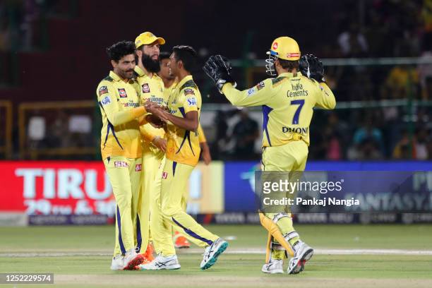 Ravindra Jadeja of Chennai Super Kings celebrates the wicket of Jos Buttler of Rajasthan Royals during the IPL match between Rajasthan Royals and...