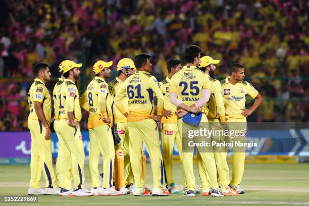 Chennai Super Kings players wait for a DRS review for the wicket of Yashaswi Jaiswal of Rajasthan Royals during the IPL match between Rajasthan...