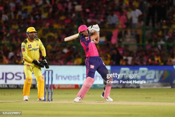 Jos Buttler of Rajasthan Royals plays a shot during the IPL match between Rajasthan Royals and Chennai Super Kings at Sawai Mansingh Stadium on April...