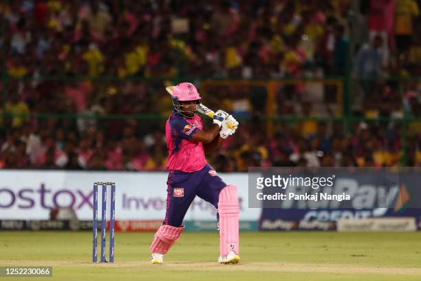 Sanju Samson of Rajasthan Royals plays a shot during the IPL match between Rajasthan Royals and Chennai Super Kings at Sawai Mansingh Stadium on...