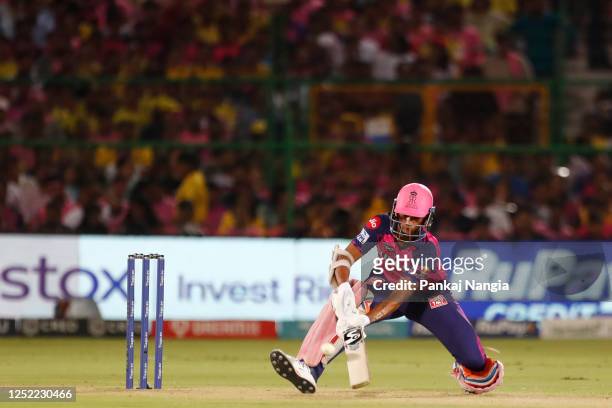 Yashaswi Jaiswal of Rajasthan Royals plays a shot during the IPL match between Rajasthan Royals and Chennai Super Kings at Sawai Mansingh Stadium on...