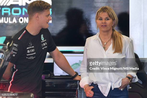 Mick Schumacher of Germany and Mercedes-AMG PETRONAS F1 Team and Corinna Schumacher of Germany during previews ahead of the F1 Grand Prix of...