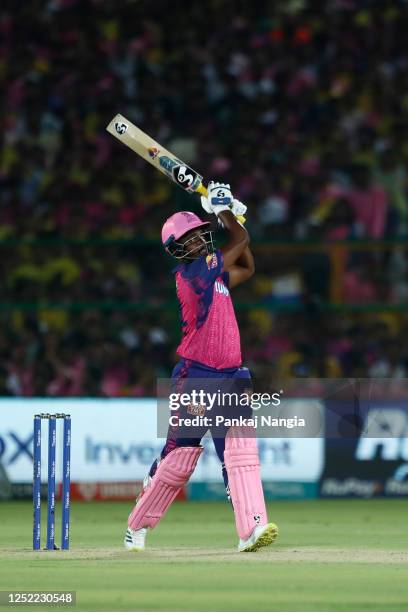 Sanju Samson of Rajasthan Royals plays a shot during the IPL match between Rajasthan Royals and Chennai Super Kings at Sawai Mansingh Stadium on...