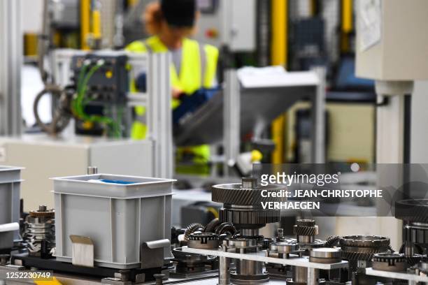 This photograph shows the assembly line of the e-DCT at the Stellantis e-Transmissions factory in Metz, northeastern France on April 27, 2023.