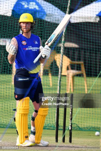 Chennai Super Kings batter Ben Stokes during a practice session ahead of the IPL T20 cricket match against Rajasthan Royals at Sawai Mansingh Stadium...