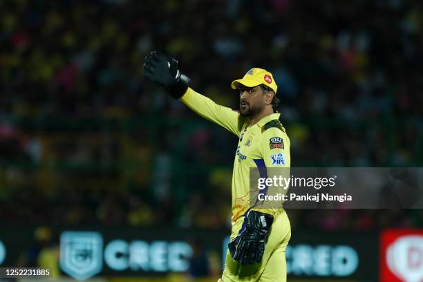 Dhoni of Chennai Super Kings gestures during the IPL match between Rajasthan Royals and Chennai Super Kings at Sawai Mansingh Stadium on April 27,...