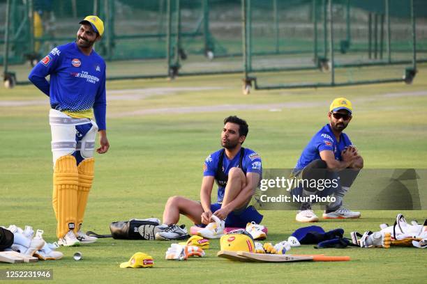 Chennai Super Kings Ravindra Jadeja , Deepak Chahar and Ajinkya Rahane during a practice session ahead of the IPL T20 cricket match against Rajasthan...