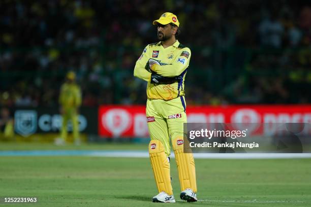 Dhoni of Chennai Super Kings looks on during the IPL match between Rajasthan Royals and Chennai Super Kings at Sawai Mansingh Stadium on April 27,...