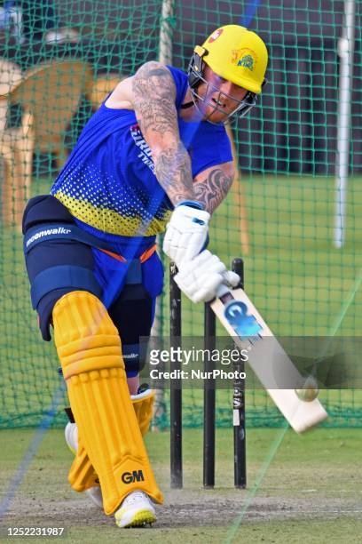 Chennai Super Kings batter Ben Stokes during a practice session ahead of the IPL T20 cricket match against Rajasthan Royals at Sawai Mansingh Stadium...