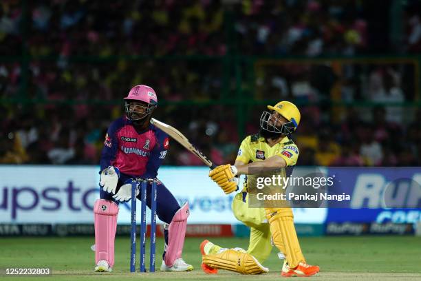 Moeen Ali of Chennai Super Kings plays a shot during the IPL match between Rajasthan Royals and Chennai Super Kings at Sawai Mansingh Stadium on...