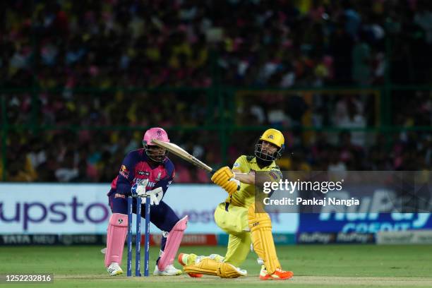 Moeen Ali of Chennai Super Kings plays a shot during the IPL match between Rajasthan Royals and Chennai Super Kings at Sawai Mansingh Stadium on...