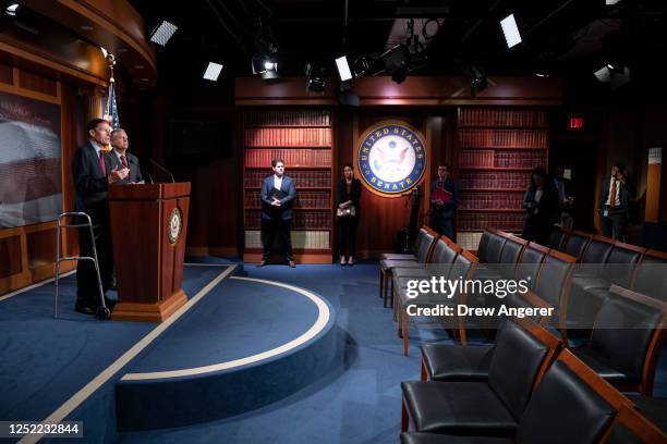 Sen. Richard Blumenthal and Sen. Lindsey Graham hold a news conference at the U.S. Capitol on April 27, 2023 in Washington, DC. Blumenthal and Graham...