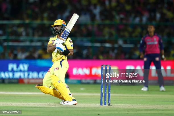 Ajinkya Rahane plays a shot during the IPL match between Rajasthan Royals and Chennai Super Kings at Sawai Mansingh Stadium on April 27, 2023 in...