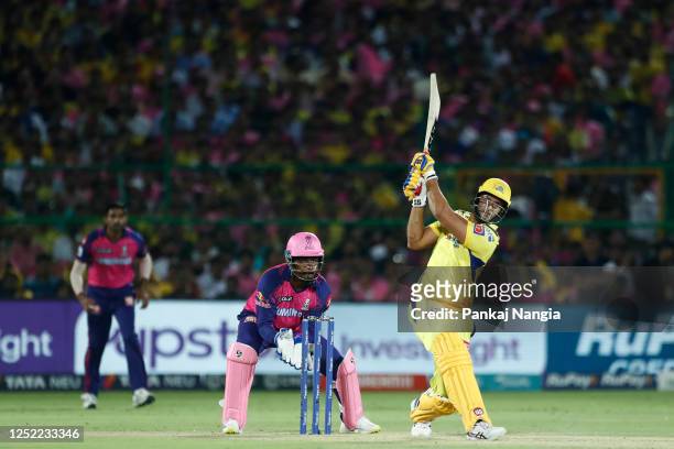 Shivam Dube of Chennai Super Kings plays a shot during the IPL match between Rajasthan Royals and Chennai Super Kings at Sawai Mansingh Stadium on...