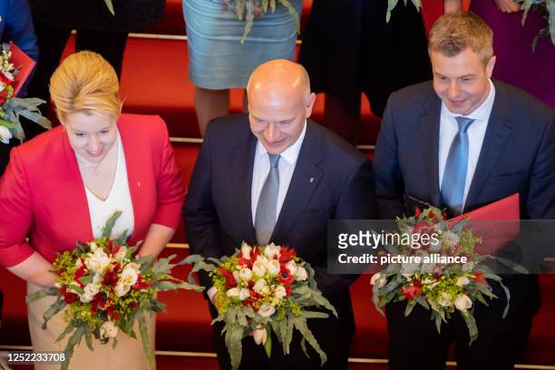 April 2023, Berlin: Franziska Giffey , Berlin Senator-designate for Economy, Energy and Operations, Kai Wegner , Governing Mayor of Berlin, and...