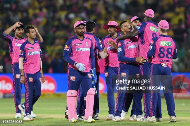 Rajasthan Royals' players celebrate after winning the Indian Premier League Twenty20 cricket match between Rajasthan Royals and Chennai Super Kings...