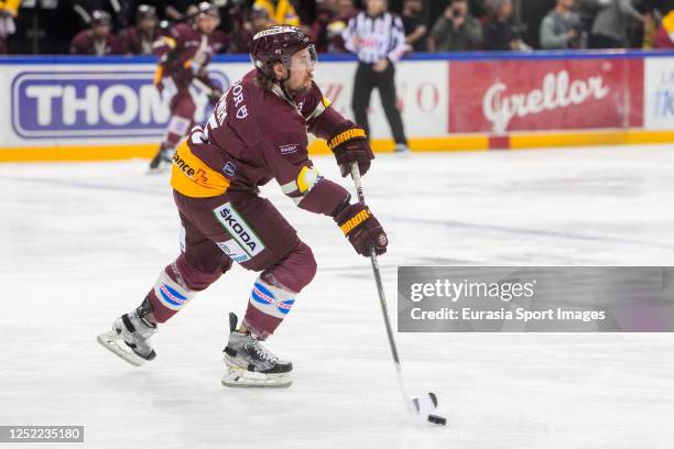 Sami Vatanen of Servette in action during the Swiss Hockey National League Final match between Geneve-Servette and Biel-Bienne at Les Vernets on...