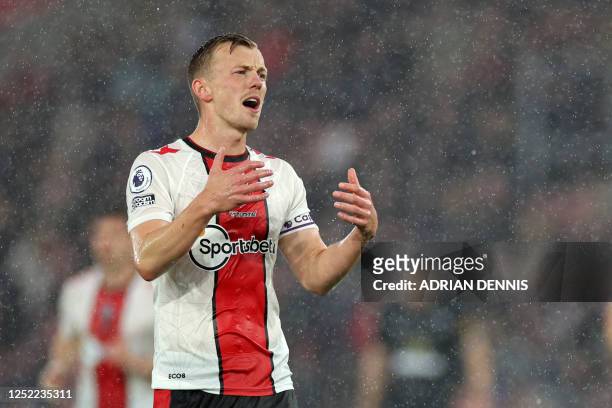 Southampton's English midfielder James Ward-Prowse reacts during the English Premier League football match between Southampton and Bournemouth at St...